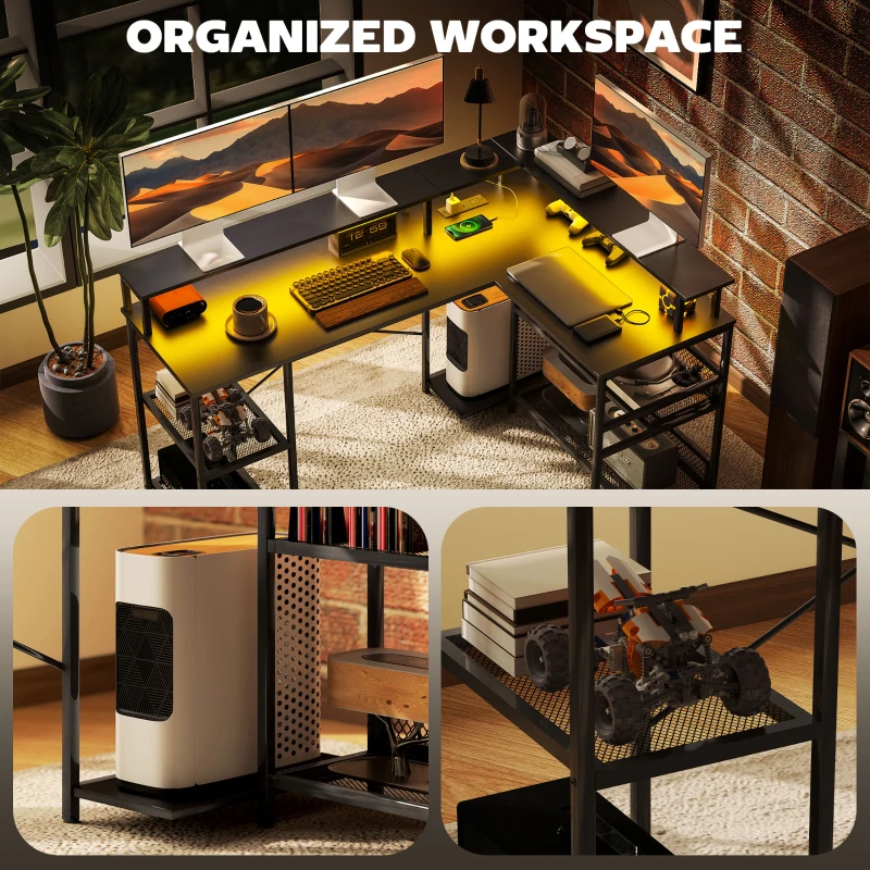HOMCOM 59" L Shaped Desk with Storage, Corner Desk with LED Lights and Power Outlets for Home Office, Small Space, Black