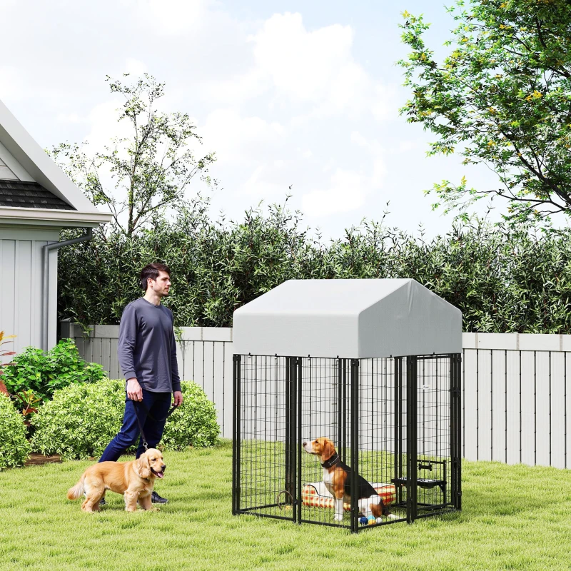 PawHut Outdoor Dog Kennel with Roof, 4' x 4' x 6' Heavy Duty Welded Wire Dog Playpen Enclosure with Escape-proof Lock