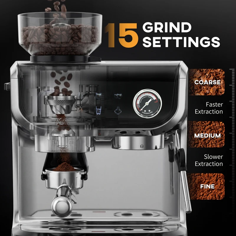 HOMCOM 15 Bar Coffee Maker Espresso Machine with Grinder Milk Frother Stainless Steel Espresso Maker for Cappuccino Latte Black