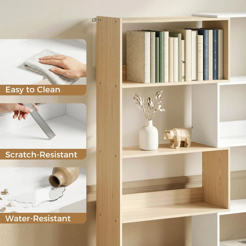 HOMCOM Corner Bookshelf, 5-Tier L-Shaped Bookcase with 350° Rotating Design, Two-Tone Design, Fruitwood/White