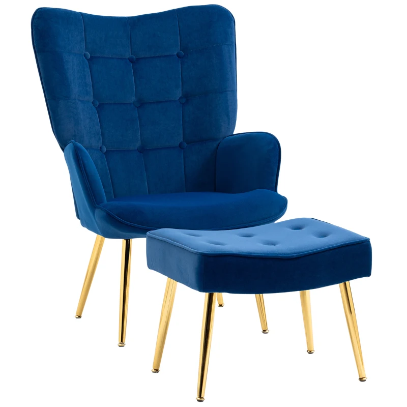 HOMCOM Modern Accent Chair with Ottoman, Upholstered Armchair with Footrest, Gold Metal Legs for Living Room, Bedroom, Dark Blue