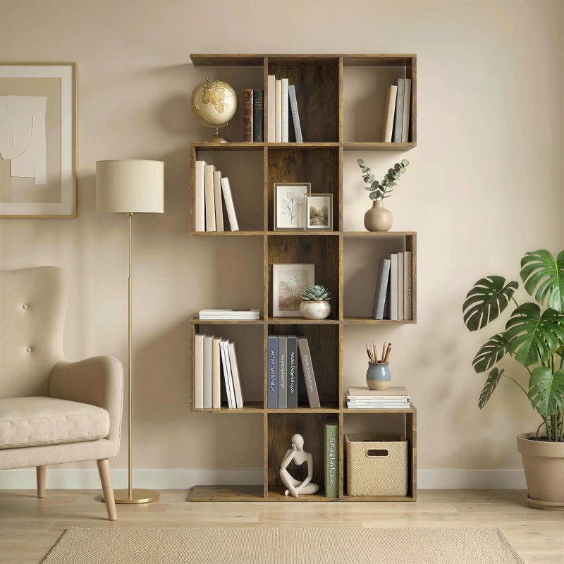 HOMCOM 5-Tier Bookshelf, S Shaped Geometric Bookcase with 15 Compartments, Rustic Brown
