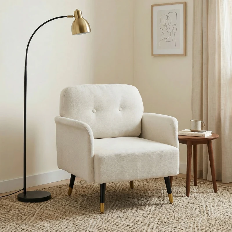 HOMCOM Accent Chair Modern Tufted with Metal Legs Upholstered Reading Armchair for Living Room Cream White