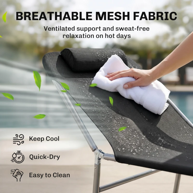 Outsunny Folding Chaise Lounge Pool Chairs, Outdoor Sun Tanning Chairs with Pillow, Reclining Back, Steel Frame & Breathable Mesh for Beach, Yard, Patio, Black