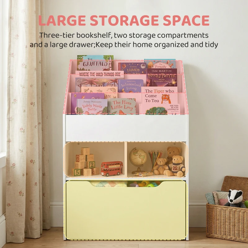 HOMCOM Kids Bookshelf Bookcase, Montessori-Inspired Multi-Shelf Rack Organizer with Moveable Drawer for Books for Reading Nook, Classroom, Bedroom, Playroom, White