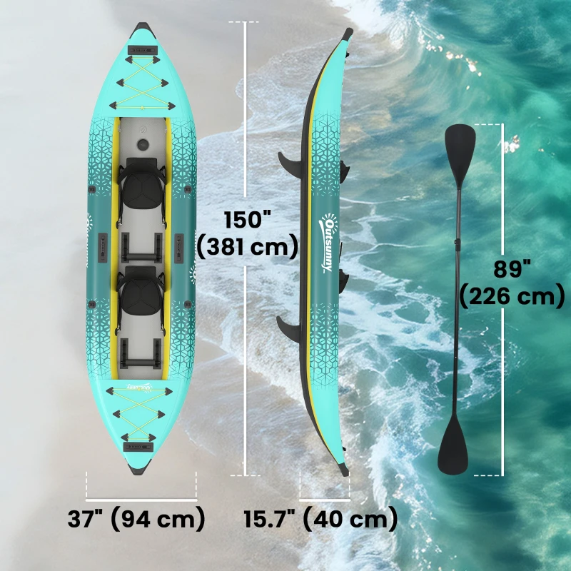 Outsunny 12'6"x37" Inflatable Paddle Board, 506lbs Wide Blow Up Kayak with 2 Aluminum Paddles, Seats and Fins, Yellow and Grey