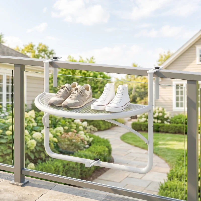 Outsunny Adjustable Balcony Hanging Railing Table, Metal Mounting Mini Wall Desk Storage Rack, Outdoor Flower Stand Serving Table Half Round, White