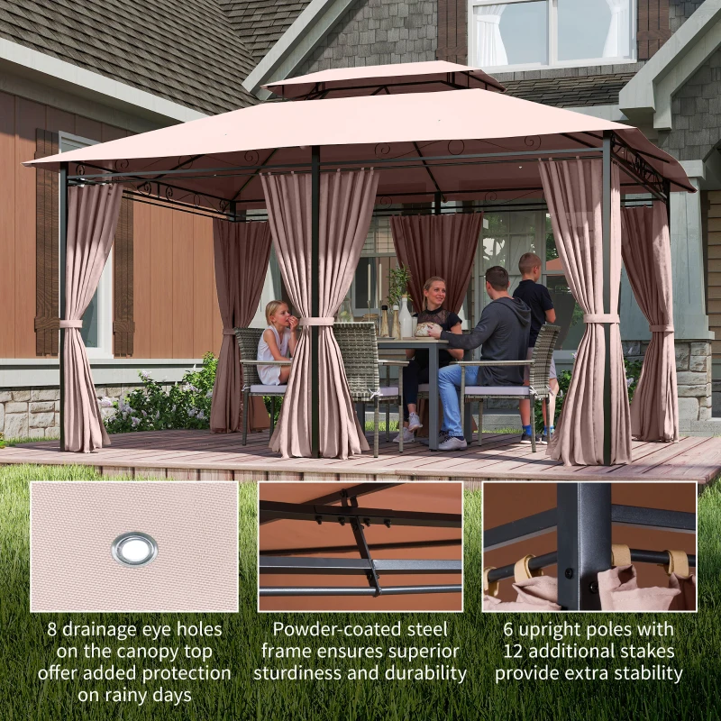 Outsunny 10' x 13' Patio Gazebo, Outdoor 2-Tiers Garden Canopy Yard Sunshade Shelter with Curtains, Khaki