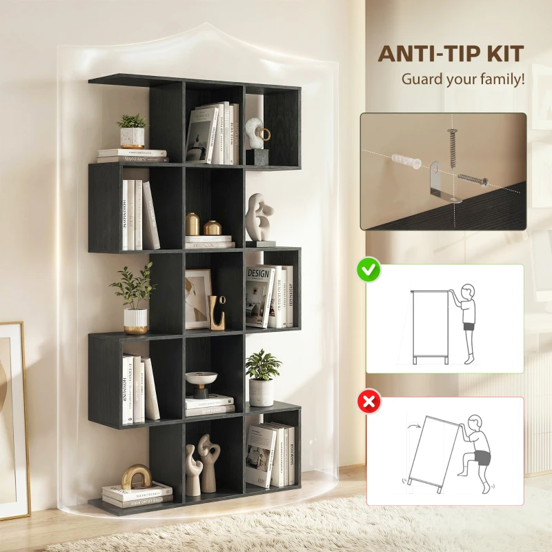 HOMCOM 5-Tier Bookshelf, S Shaped Geometric Bookcase with 15 Compartments, Black Wood Grain