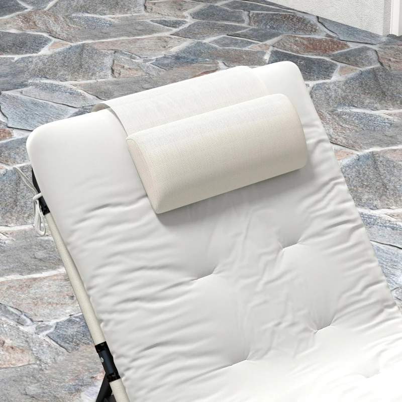 Outsunny 2-Piece Folding Lounge Chairs with Adjustable Backrest, Tanning Chair with Cushion, Side Pocket, Headrest, Beige