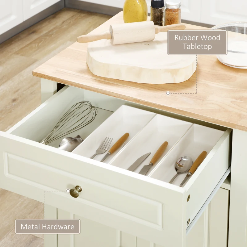 HOMCOM Rolling Kitchen Island Cart, Portable Serving Trolley Table with Drawer, Adjustable Shelf and 2 Towel Racks, Cream White