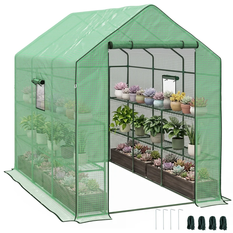 Outsunny Walk-in Greenhouse with 3 Tier, Garden Plant Growhouse with Roll-up Door and Mesh Windows, 140 x 213 x 190 cm, Green