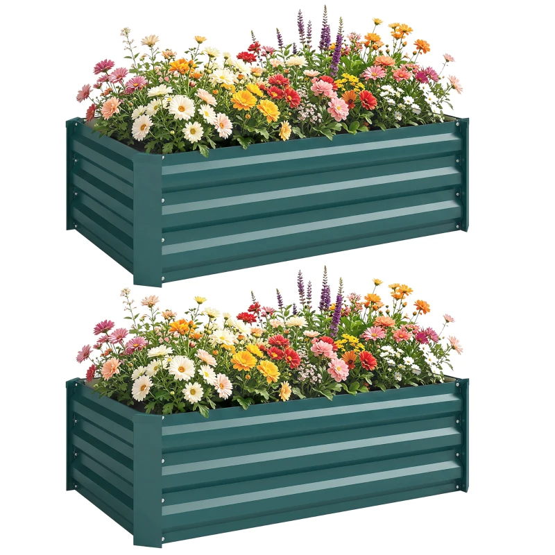 Outsunny Set of 2 Galvanized Raised Beds for Garden, Outdoor Planter Box for Flowers, Herbs and Vegetables, Green