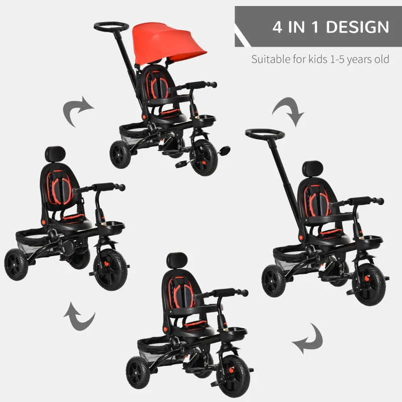 Qaba Tricycle for Toddler 4 in 1 Kids Trike, Foldable Converts Stroller to Toddler Bike, Adjustable Backrest & Curved Canopy, Detachable Guardrail & Handle for 1-5 Years Old, Red