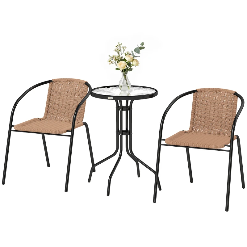 Outsunny 3 Pieces Outdoor Wicker Furniture Set with 2 Stackable Chairs, Tempered Glass Coffee Table for Garden, Backyard, Brown