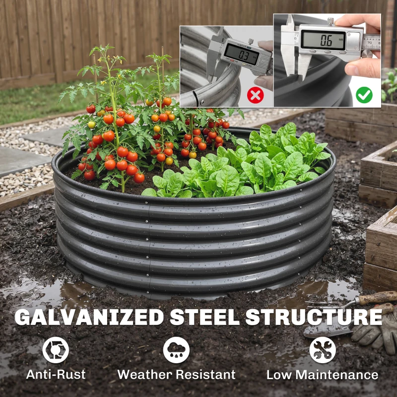 Outsunny Galvanized Raised Flower Bed, 4 x 4 x 1.5 ft Outdoor Metal Raised Bed with Safety Edging and Gloves, Dark Grey