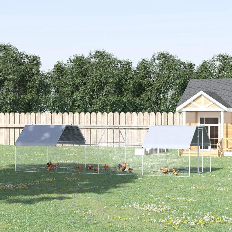 PawHut Large Chicken Coop Metal Chicken Run with Waterproof and Anti-UV Cover, Flat Shaped Walk-in Fence Cage Hen House for Outdoor and Yard Farm Use, 1.3" Tube Diameter, 9' x 24' x 6.5'