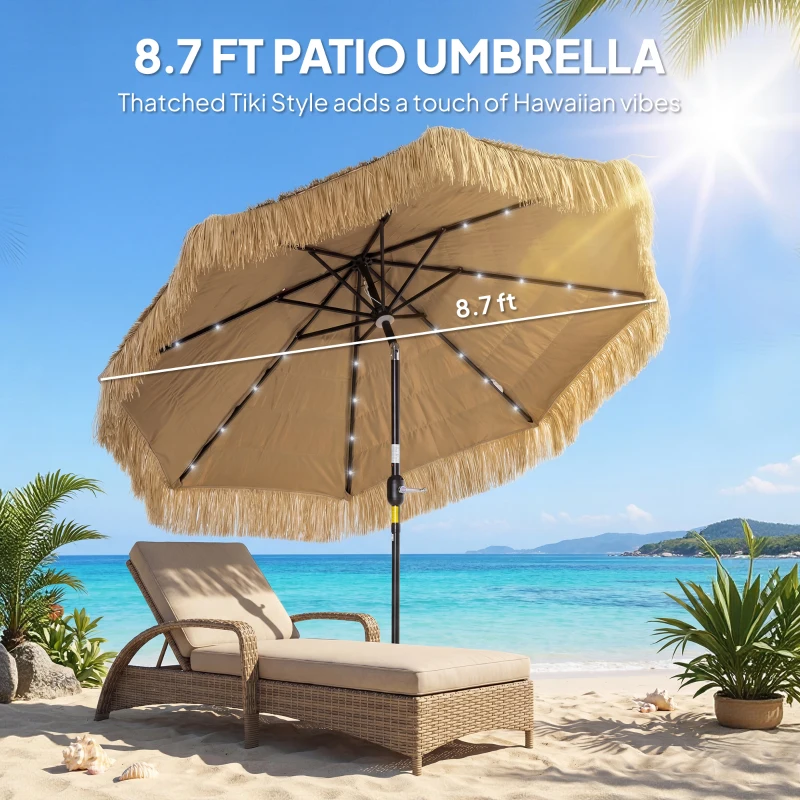 Outsunny 9 ft Hula Thatched Tiki Patio Umbrella with LED Solar Light, Outdoor Umbrella with Crank, Tilt, UPF30+, Khaki