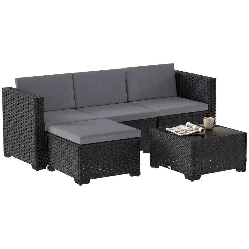 Outsunny 5 Piece Patio Furniture Set, L-Shape Wicker Outdoor Sectional with 3 Chairs, Ottoman, Glass Table, Cushions, Grey