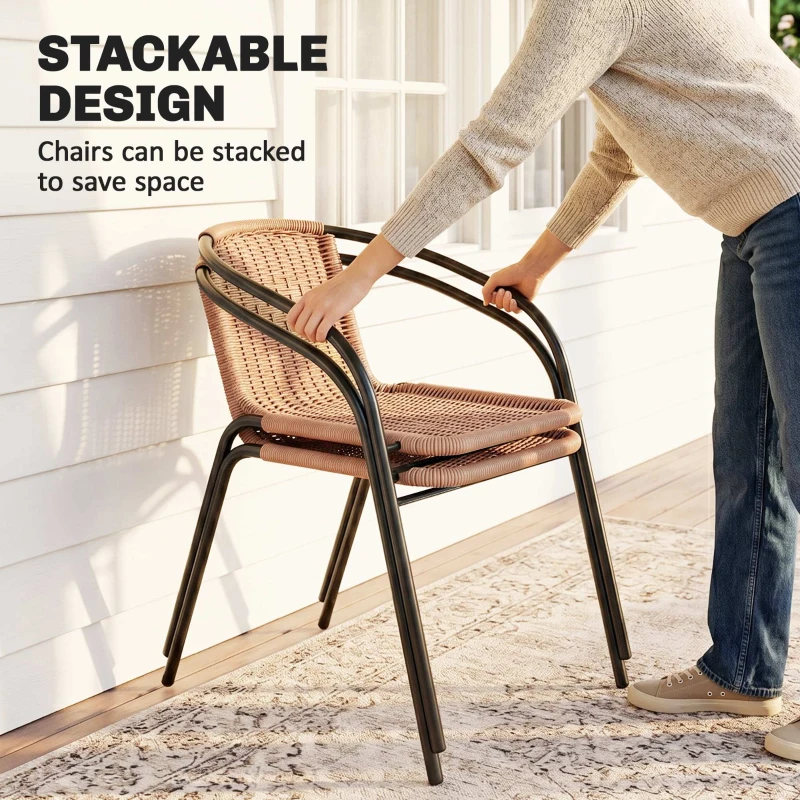 Outsunny 3 Pieces Outdoor Wicker Furniture Set with 2 Stackable Chairs, Tempered Glass Coffee Table for Garden, Backyard, Brown