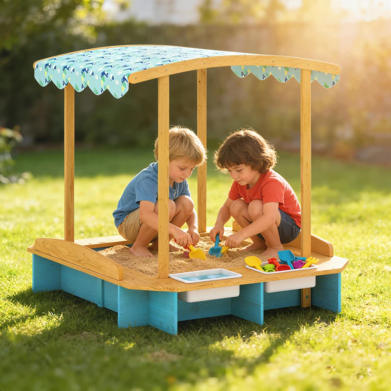 Qaba Wooden Sandbox with Dinosaur Print Canopy Kids Sandbox Outdoor with Bench Seats & 2 Storage Bins
