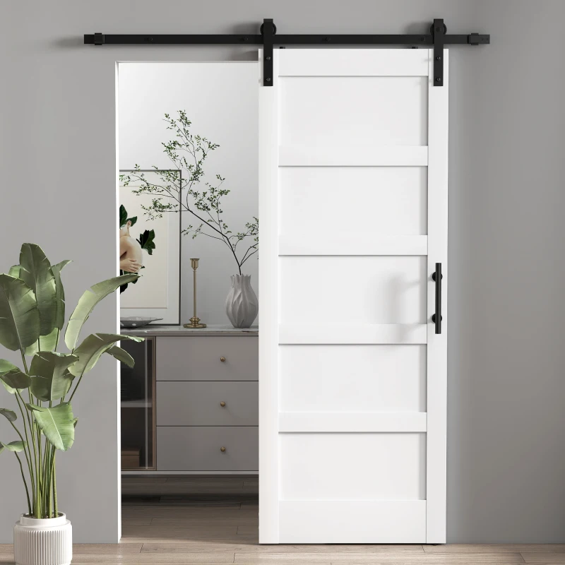 HOMCOM 32"x84" Sliding Barn Door with Hardware Kit, Shaker Style Sliding Door with Handle, Track, Floor Guide, White Wood Grain