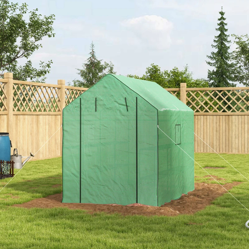 Outsunny Walk-in Greenhouse with 3 Tier, Garden Plant Growhouse with Roll-up Door and Mesh Windows, 140 x 213 x 190 cm, Green