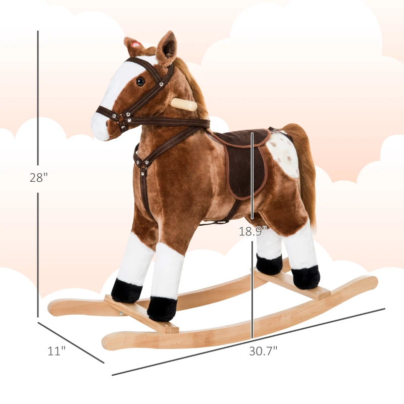 Qaba Kids Plush Toy Rocking Horse Pony Toddler Ride on Animal for Girls Pink Birthday Gifts with Realistic Sounds, Brown