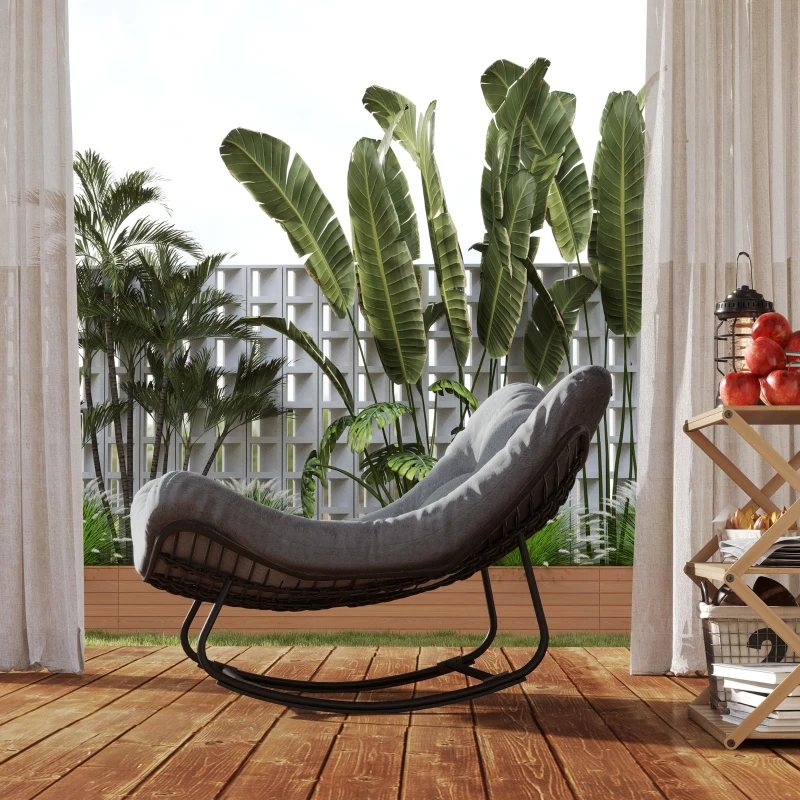 Outsunny Outdoor Rocking Chair, Oversized Patio Egg Chair with Padded Cushion, Rattan Wicker for Indoor, Backyard, Dark Grey