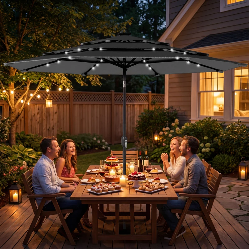 Outsunny 9.7 ft Outdoor Patio Umbrella with Solar LED Lights, 3 Tier Outdoor Table Umbrella with Tilt, Crank, Black