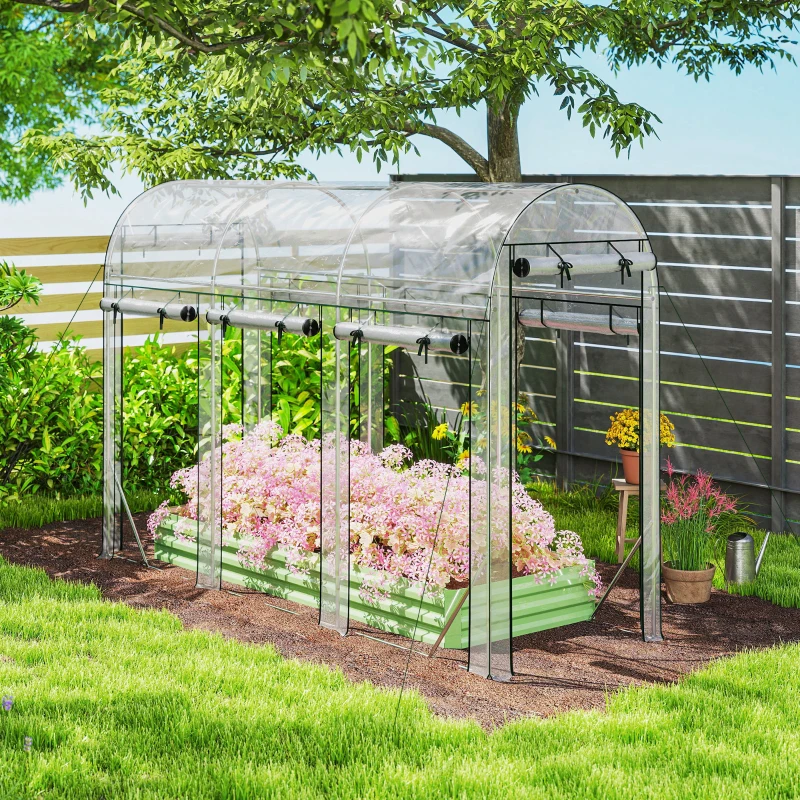 Outsunny Walk-in Tunnel Greenhouse, Hoop House Greenhouse with 8 Roll-Up Doors, 10' x 3' x 6.5', Clear