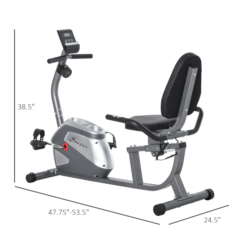 Soozier Recumbent Exercise Bike Indoor Magnetic Fitness Training Bike Stationary Workout Cycling Bike with 8 Adjustable Resistance, Pad Holder Bottle Holder LCD Monitor, Grey