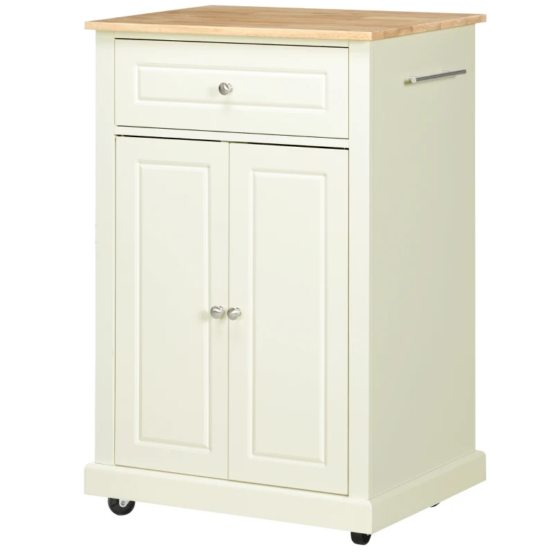 HOMCOM Rolling Kitchen Island Cart, Portable Serving Trolley Table with Drawer, Adjustable Shelf and 2 Towel Racks, Cream White