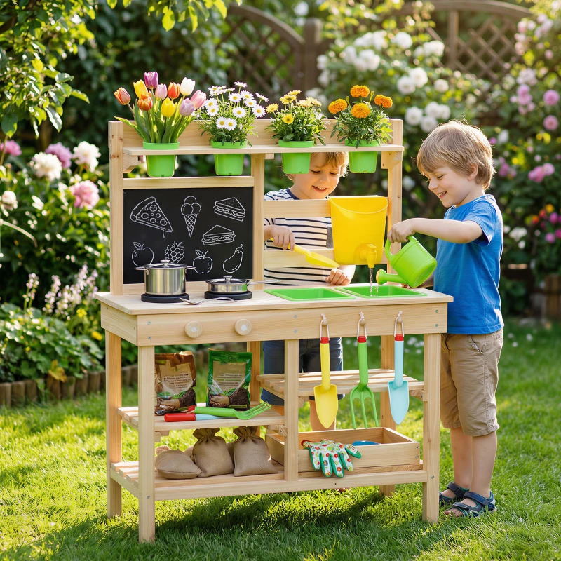 Qaba Kids Mud Kitchen, Outdoor Wooden Play Kitchen with Kitchenware & Garden Tools, Pretend Play Outdoor Toys, Natural