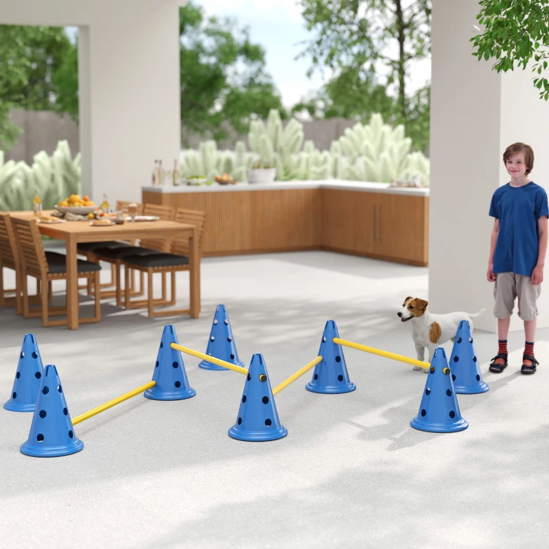 PawHut Dog Agility Hurdle Cone Set, Adjustable Obstacle Course Equipment with 8 Cones & 8 Poles, Carry Bag, Blue