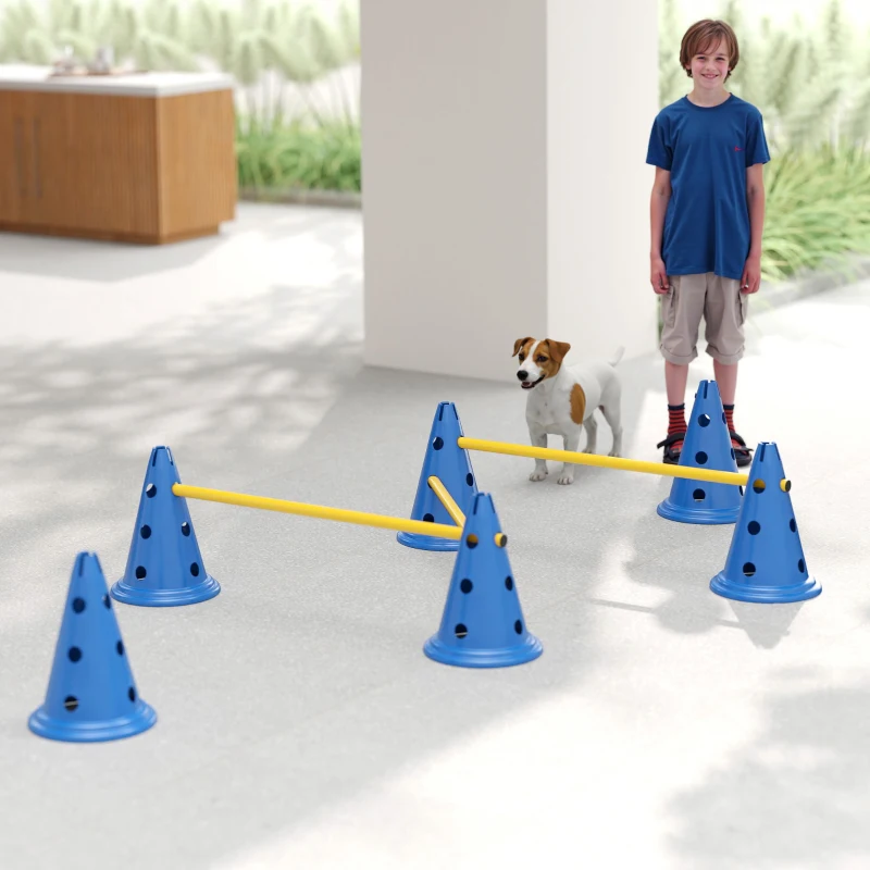 PawHut Dog Agility Hurdle Cone Set, Adjustable Obstacle Course Equipment with 6 Cones & 6 Poles, Carry Bag, Blue