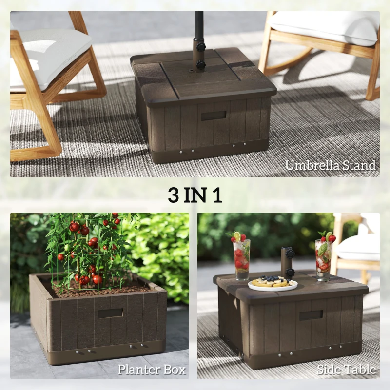 Outsunny 3-in-1 Outdoor Umbrella Base with Wheels and Handles, End Table, Flower Box Planter with Hole, 175 lbs. Capacity, Brown
