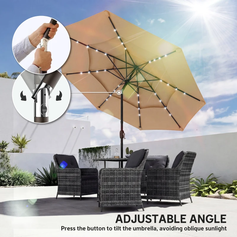 Outsunny 9.3 ft Patio Umbrella with Solar LED Lights, Cover, 3 Tier Outdoor Market Table Parasol with Tilt, Crank, Khaki