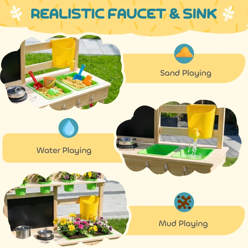 Qaba Kids Mud Kitchen, Outdoor Wooden Play Kitchen with Kitchenware & Garden Tools, Pretend Play Outdoor Toys, Natural