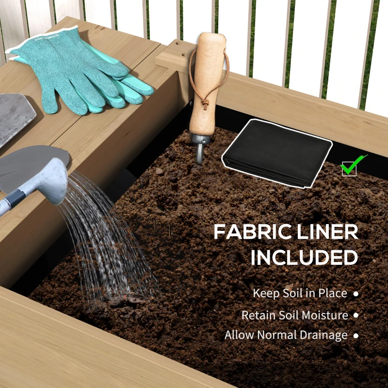 Outsunny Wood Raised Garden Box, Elevated Garden Bed with Side Table, Bottom Shelf, Bed Liners and Drainage Holes, Carbonized