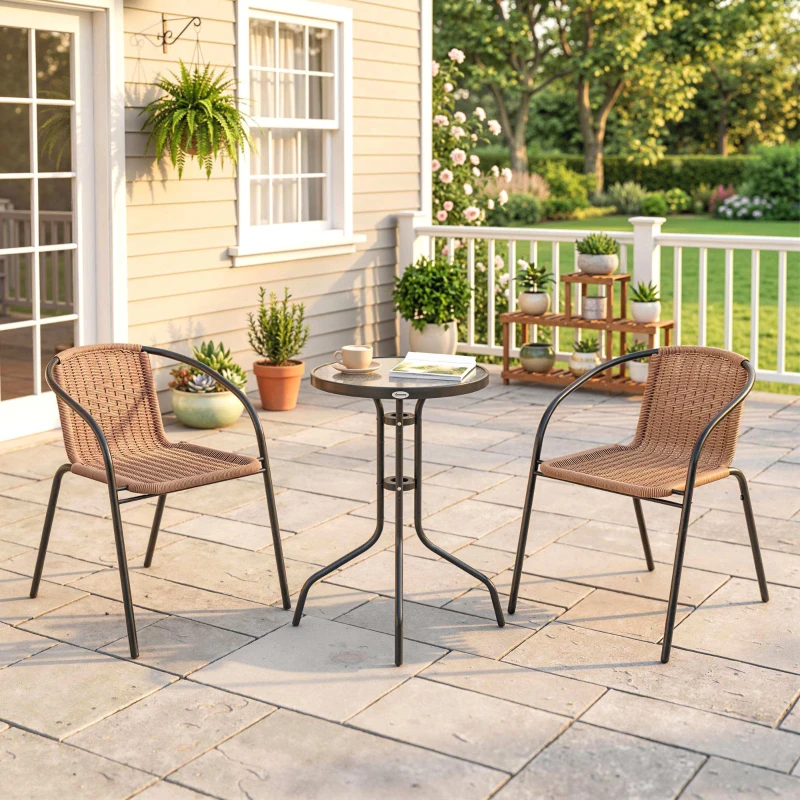 Outsunny 3 Pieces Outdoor Wicker Furniture Set with 2 Stackable Chairs, Tempered Glass Coffee Table for Garden, Backyard, Brown