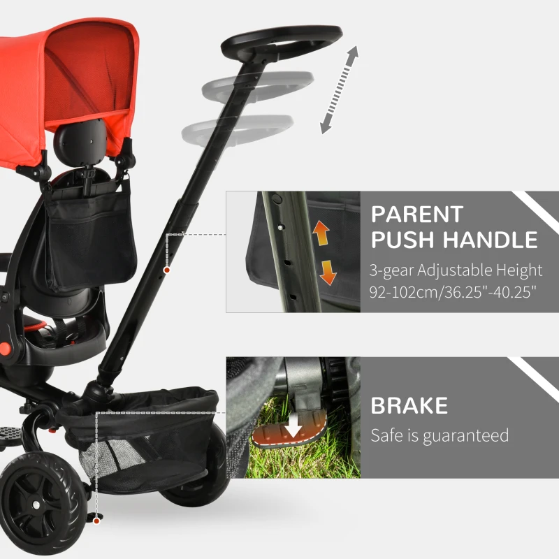 Qaba Tricycle for Toddler 4 in 1 Kids Trike, Foldable Converts Stroller to Toddler Bike, Adjustable Backrest & Curved Canopy, Detachable Guardrail & Handle for 1-5 Years Old, Red