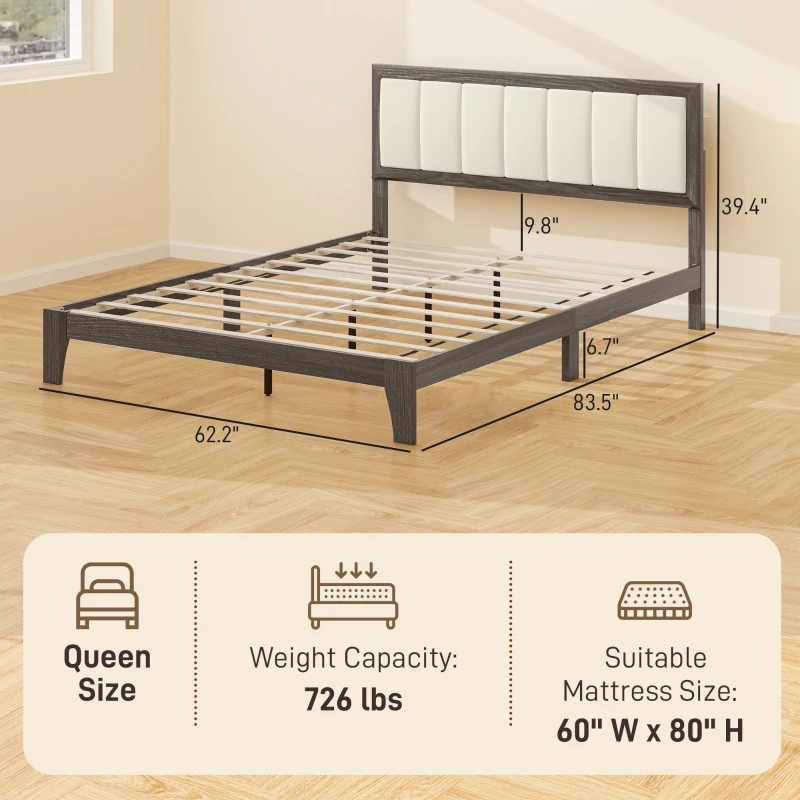 HOMCOM Queen Size Bed Frame with Headboard, Platform Bed Frame with Wooden Slats No Box Spring Needed Charcoal Gray