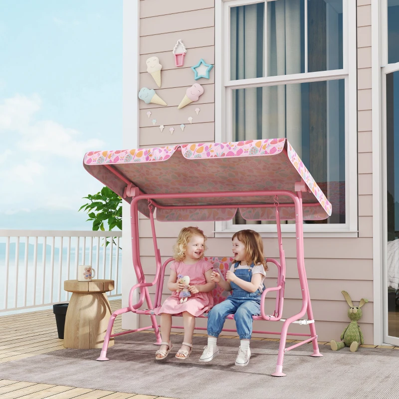 Qaba Kids Patio Swing, 2-Seater Outdoor Porch Swing with Safety Belt and Adjustable Canopy for Backyard Garden, Pink