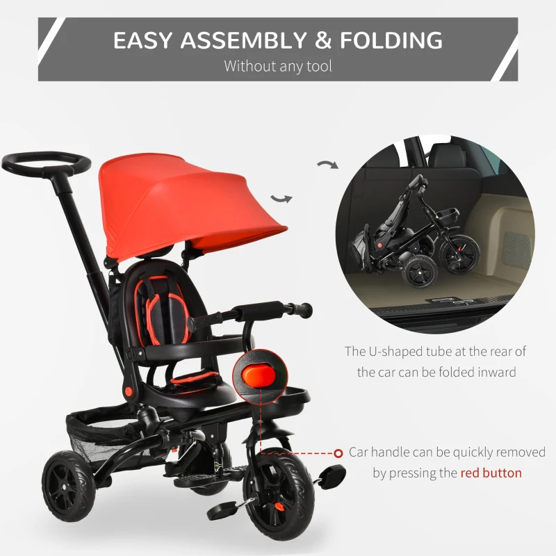 Qaba Tricycle for Toddler 4 in 1 Kids Trike, Foldable Converts Stroller to Toddler Bike, Adjustable Backrest & Curved Canopy, Detachable Guardrail & Handle for 1-5 Years Old, Red