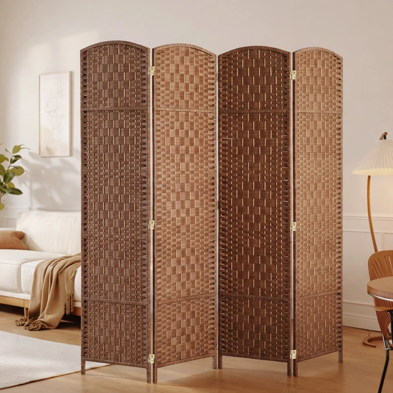 HOMCOM Room Divider 4 Panel, 6FT Tall Folding Privacy Screen, Freestanding Hand-Woven Partition for Room Separation with 360° Hinges, Paper Rope Diamond Weave, Natural