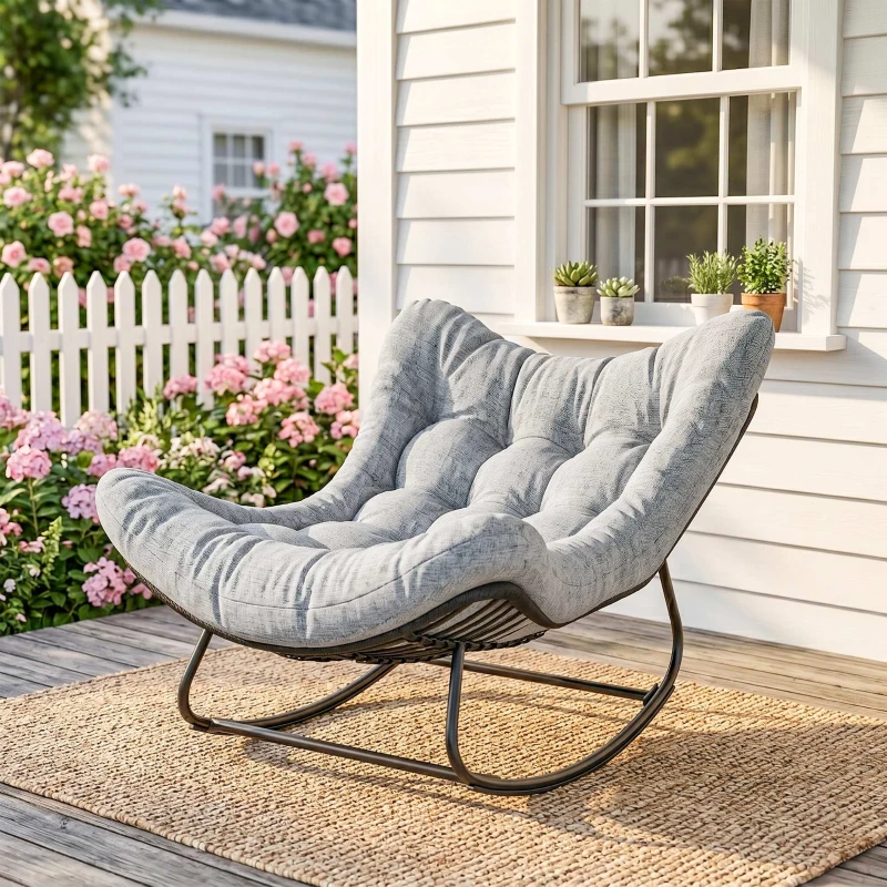 Outsunny Oversized Rattan Patio Egg Chair, Outdoor Rocking Chair with Padded Cushion for Indoor, Porch, Grey