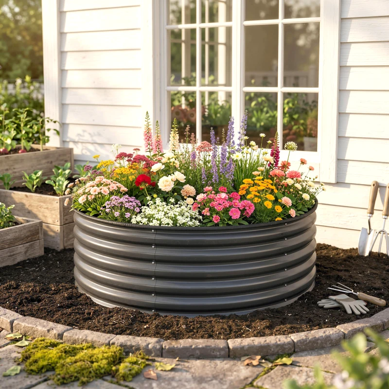 Outsunny Galvanized Raised Flower Bed, 4 x 4 x 1.5 ft Outdoor Metal Raised Bed with Safety Edging and Gloves, Dark Grey