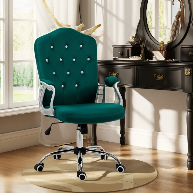 Vinsetto Velvet Office Chair Desk Chair with 360 Degree Swivel Wheels Adjustable Height Tilt Function Dark Green