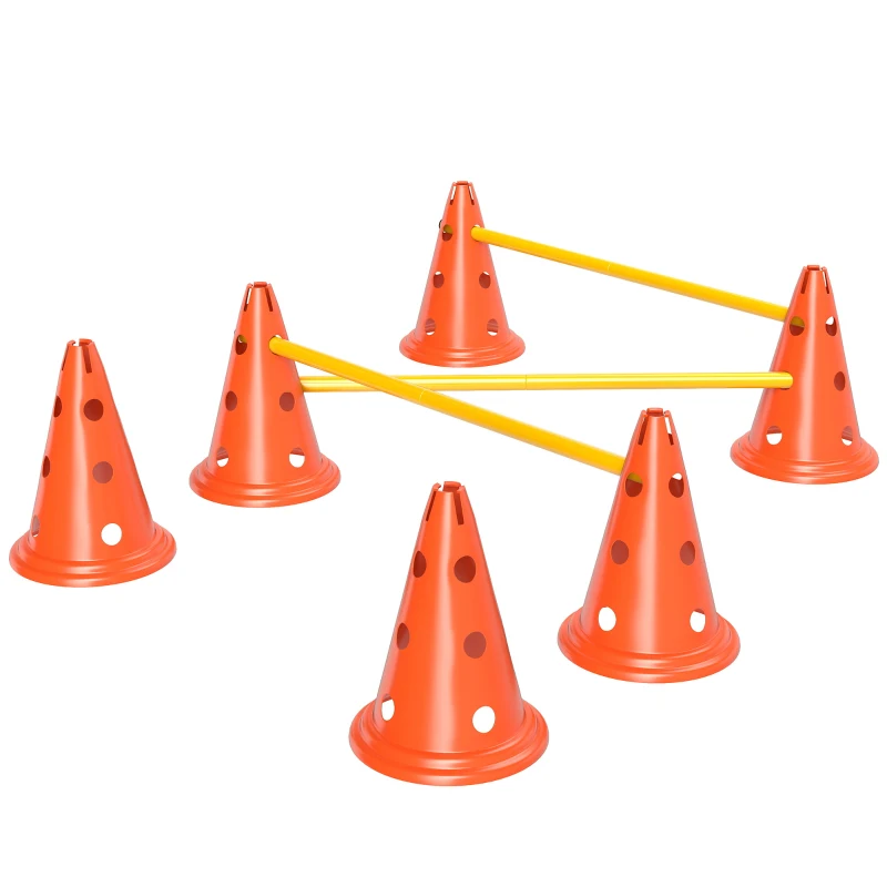 PawHut Dog Agility Hurdle Cone Set, Adjustable Obstacle Course Equipment with 6 Cones & 6 Poles, Carry Bag, Orange